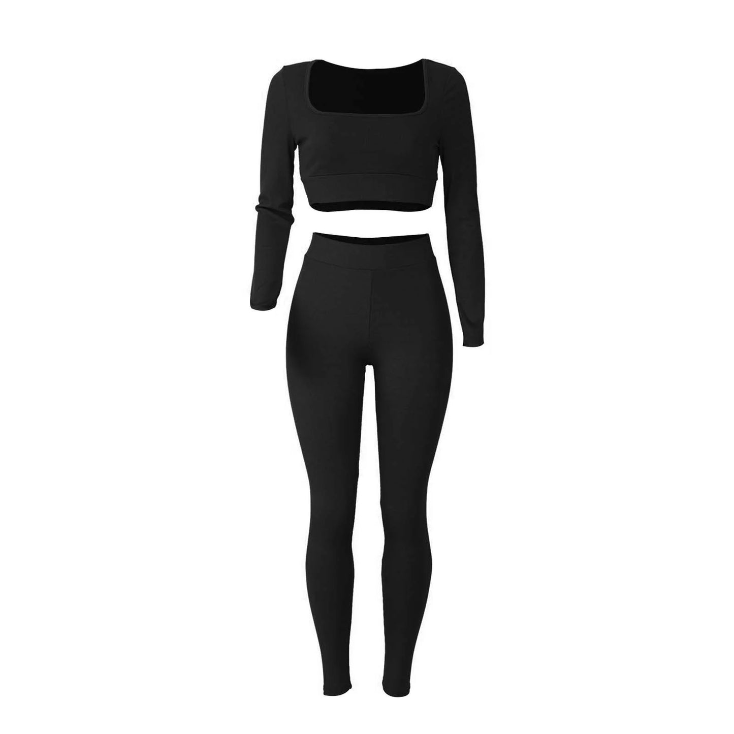 2Pc Yoga Sets for Women Women'S Fashion Casual Solid Color Long Sleeve Square Collar Two Piece Slim Yoga Sports Pants Suit Yoga Sets Yoga Package
